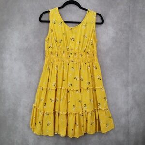 AUW Yellow Floral Smock Fit Flare‎ Boho Sleeveless Spring Ruffle Dress Plus 1X
